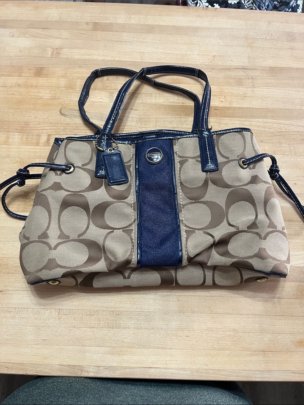 Coach Tan Signature Tote with Navy Trim